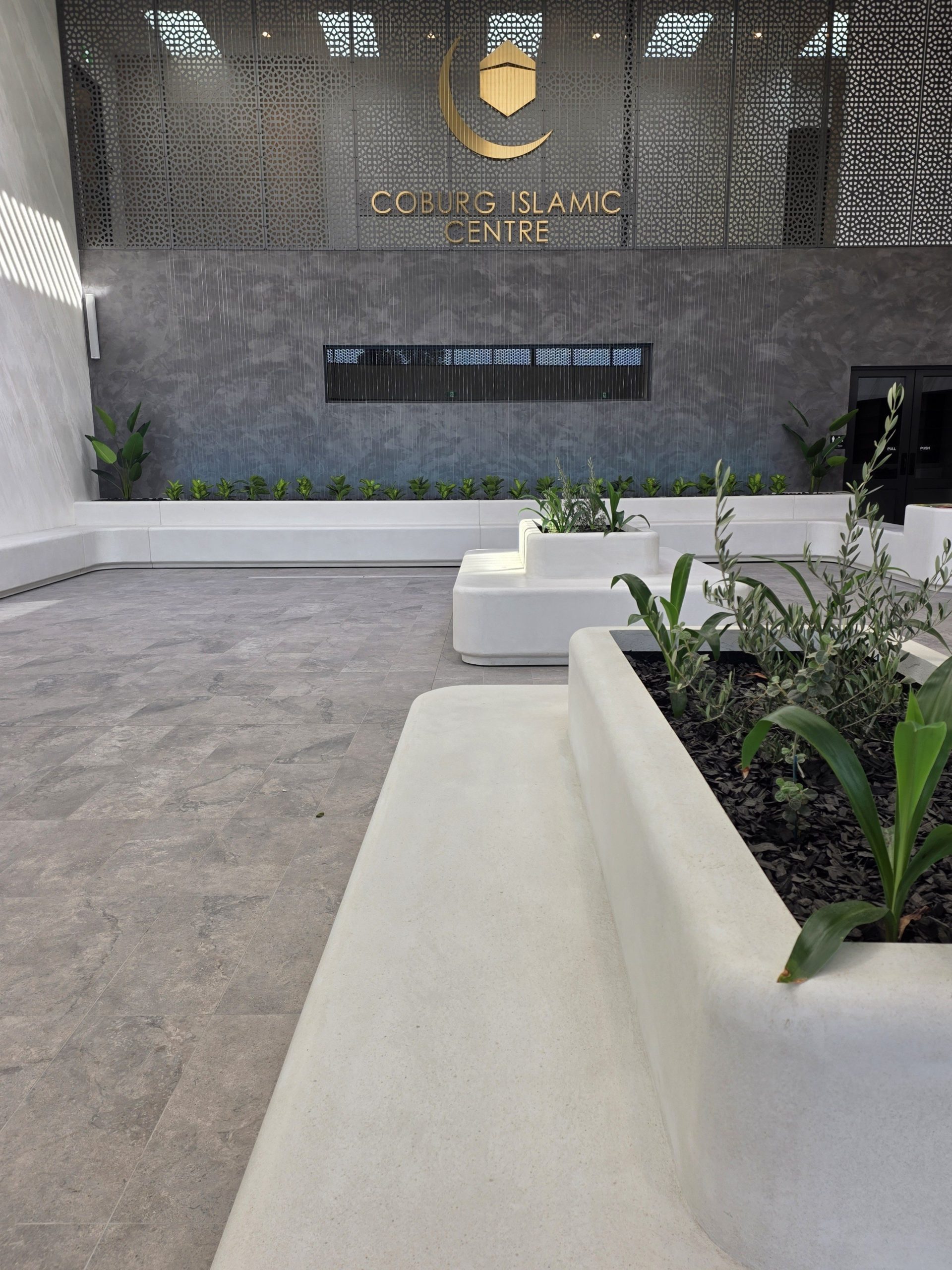 CIC Mosque custom LICOM76 & Stainless steel Mylar Lace water feature with seating, planter box set by H2O Designs, Melbourne