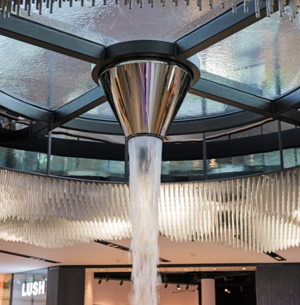 Bespoke LICOM76 & Stainless steel water feature funnel at Highpoint shopping centre by H2O Designs, Melbourne