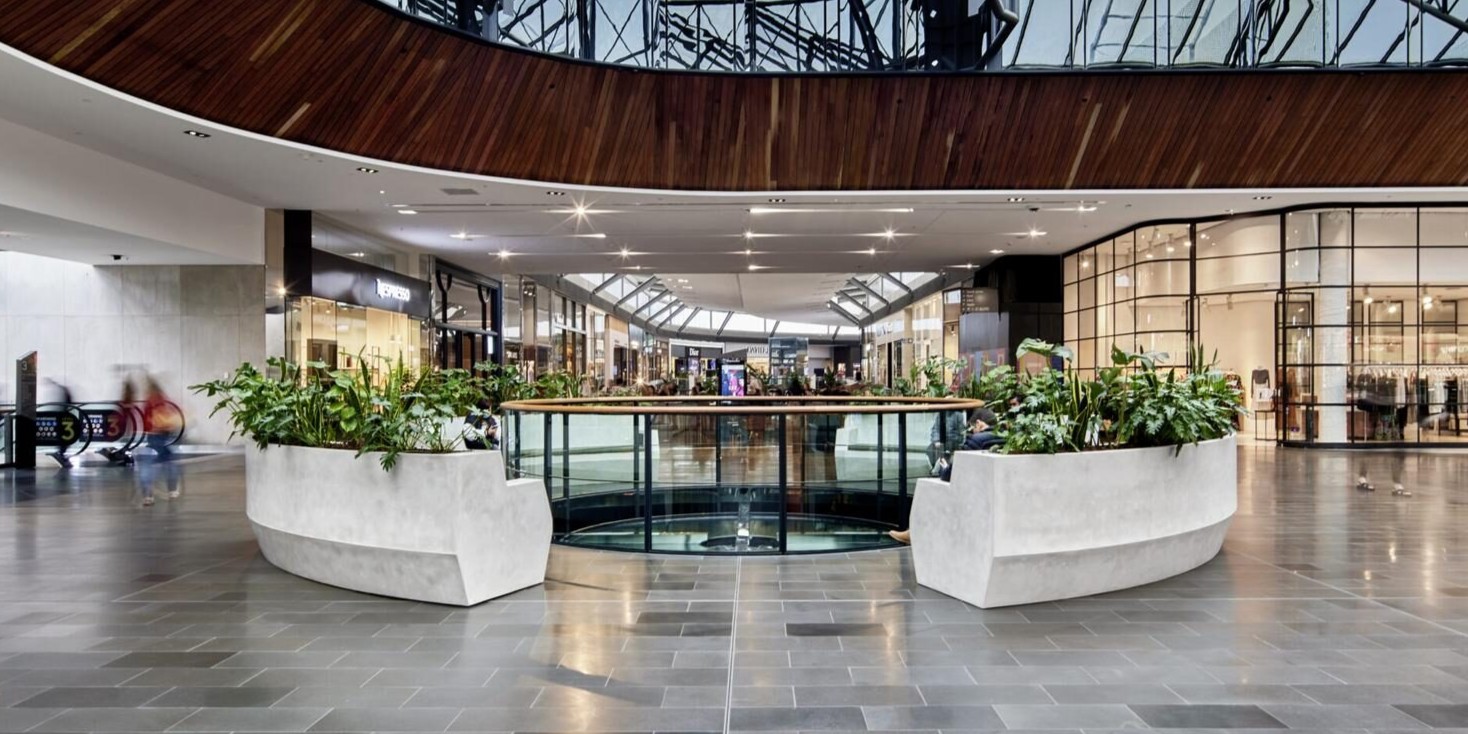 Bespoke lightweight LICOM76 seating and planter boxes at Highpoint shopping centre by H2O Designs, Melbourne